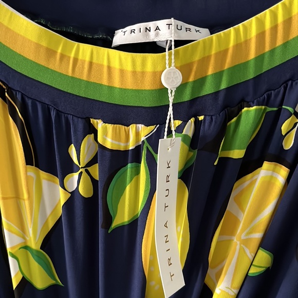 NWT Trina Turk lemon dress medium off the shoulder navy yellow - Picture 7 of 8